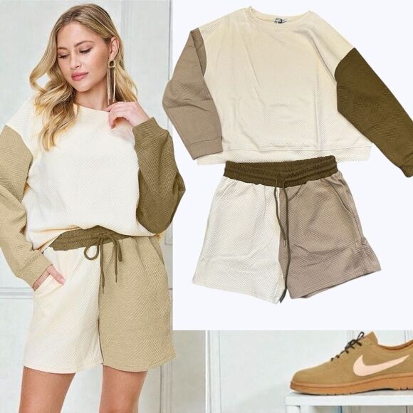double take Tops - Khaki Contrast Color Block Long Sleeve Top & Shorts Lounge Set NWT